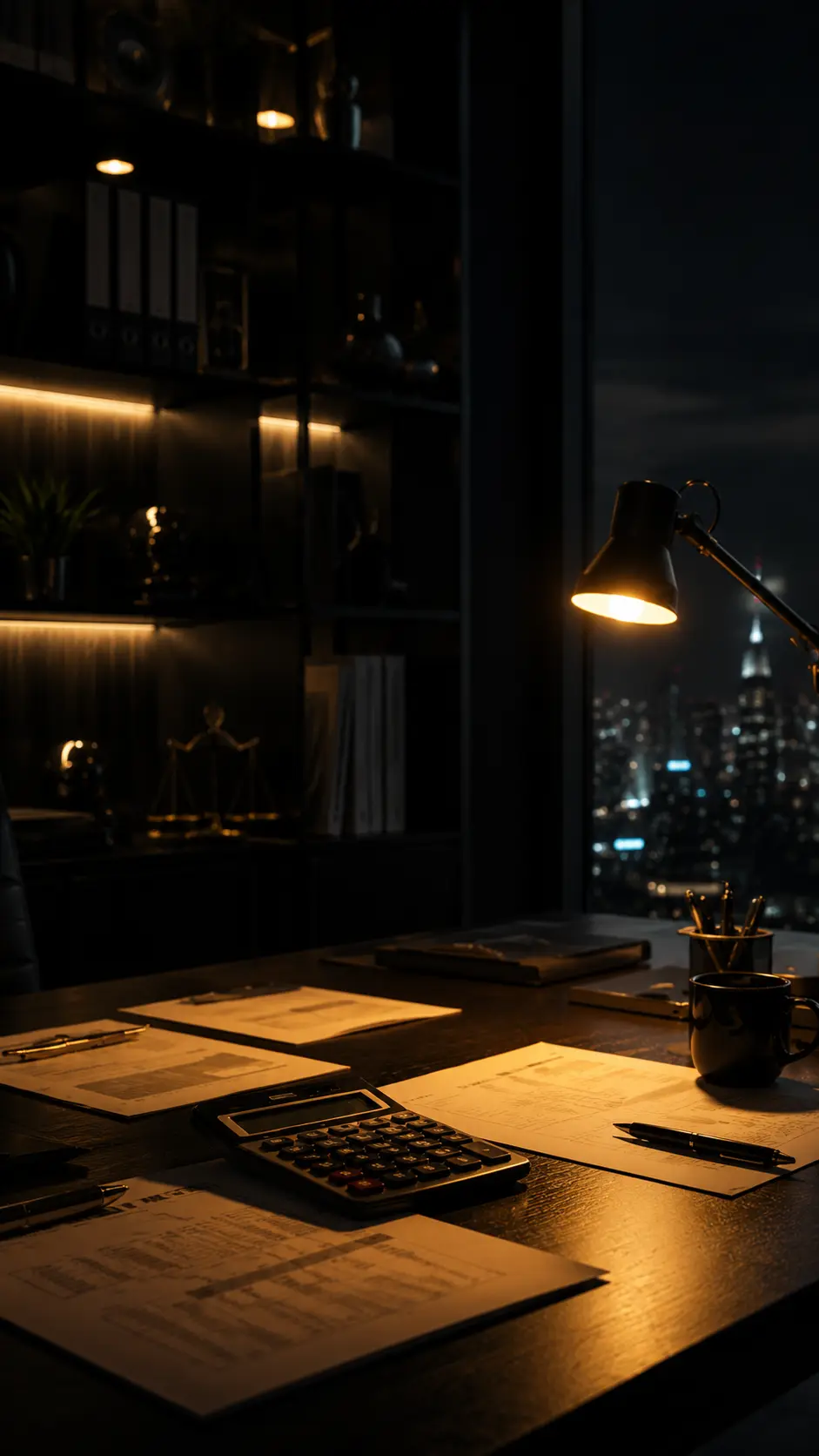 Escritório à noite com documentos e calculadora, representando processos financeiros sem CRM