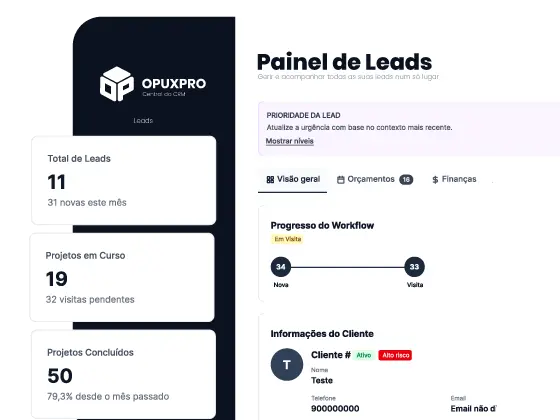 Painel de leads do OpuxPro com oportunidades organizadas